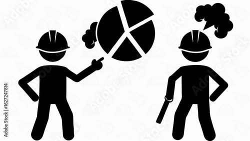 Two construction workers discussing a pie chart with one worker appearing stressed and the other pointing silhouette