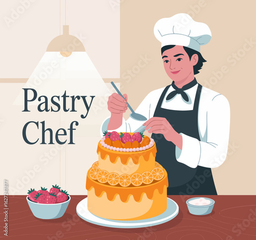 A skilled pastry chef carefully decorates a colorful layered cake, reflecting creativity and passion for baking in a bright, inviting kitchen setting.