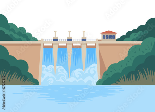 A large dam stands proudly in a green landscape, with water pouring over its edge, highlighting the balance between technology and nature in energy production.