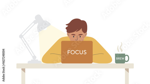 A focused person sits at a desk with a laptop, immersed in work while surrounded by a warm, inviting atmosphere that promotes concentration and productivity.