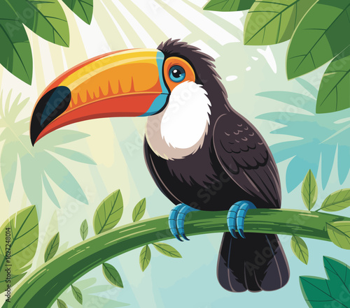 A vibrant toucan sits gracefully on a branch, surrounded by lush foliage, showcasing its distinctive colorful beak and lively tropical habitat in this playful illustration.