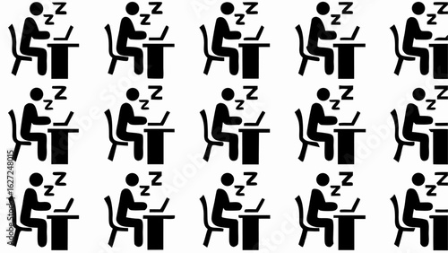 Illustration of multiple people sleeping at their desks with laptops and chairs in a repetitive pattern design silhouette