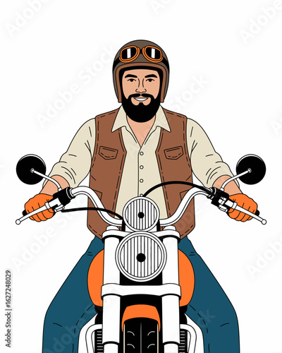 This image showcases a confident biker dressed in casual attire and a helmet, poised on a classic motorcycle, capturing the spirit of adventure and freedom associated with riding.