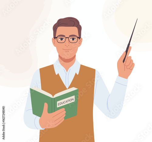 An illustration of a confident teacher holding a book about education, symbolizing knowledge, guidance, and the importance of learning in personal and professional development.