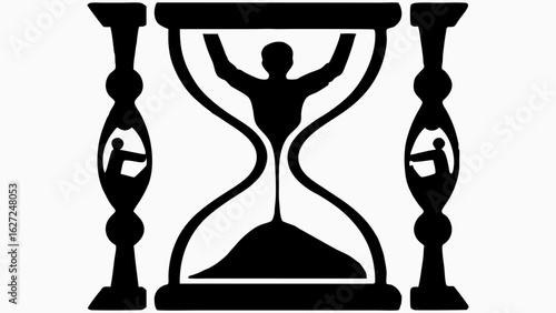 Silhouette of an hourglass with a person inside and two smaller hourglasses on either side of the main one
