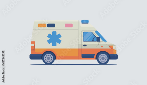 This flat design illustration of an ambulance conveys safety and quick response, emphasizing emergency services in a clean, vibrant visual style suited for educational or promotional use.