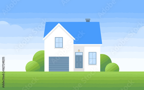 This modern illustration depicts a cozy house with a blue roof, surrounded by green shrubs, representing warmth, comfort, and the essence of home.