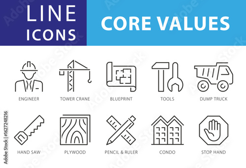Line Icons Business People, Result, Search, Saving, Engineer, Tower Crane, Hand saw