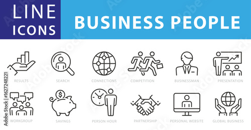 Line Icons Business People, Result, Search, Saving, Workgroup