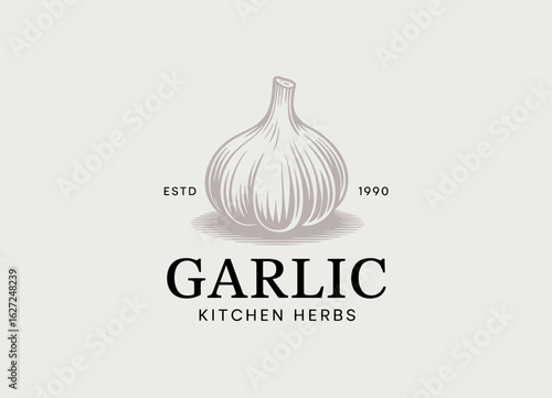 A vintage-inspired logo featuring a stylized garlic bulb, encapsulated within the branding for kitchen herbs, showcasing a blend of gourmet cooking aesthetic and timeless charm.