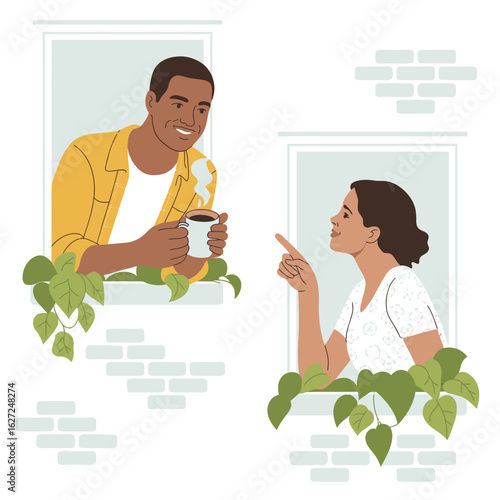 In this charming illustration, two individuals share a friendly conversation from their respective windows, surrounded by vibrant plants, capturing a sense of community and connection.