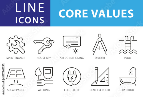 Line Icons Business People, Result, Search, Saving, Workgroup, Strategy core Values