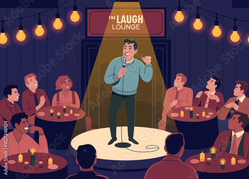 A comedian performing in an inviting lounge setting, capturing the essence of entertainment and joy, ideal for promoting nightlife and comedy events.