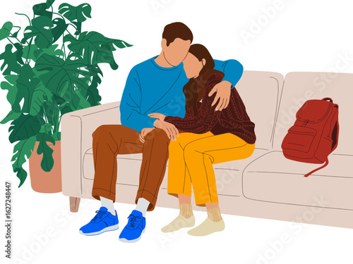 This image captures a tender moment between a couple on a couch, illustrating love and comfort as they embrace and share warmth in a serene living space.