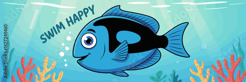 A cheerful cartoon fish swims happily through serene waters, surrounded by vibrant coral. Perfect for capturing the joy of aquatic life and ocean adventures.