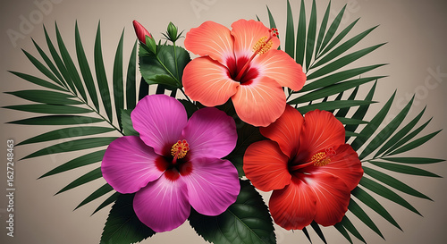 Wallpaper Mural Colorful bouquet of three vibrant hibiscus flowers in red pink and orange with tropical palm leaves. Torontodigital.ca