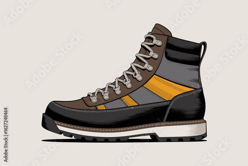 An illustration of a rugged hiking boot designed for outdoor adventures, featuring durable materials and a modern design that embodies the spirit of exploration and outdoor activities.