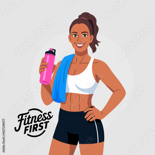 A fit, confident woman stands in active wear, holding a water bottle and towel, embodying a healthy lifestyle and dedication to personal fitness and well-being.
