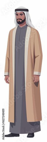 This illustration features a well-dressed Emirati man in traditional attire, showcasing cultural heritage, elegance, and a sense of identity, ideal for cultural representation.