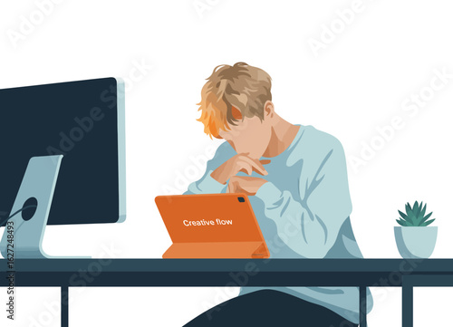 A young person is immersed in creative work at their desk, using a tablet to express their artistic vision in a modern and inspiring workspace. Focus and motivation shine through.