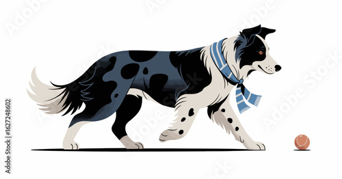 A playful Border Collie eagerly approaches a tennis ball while wearing a stylish scarf, capturing the joy and enthusiasm of a dog ready to have fun in the outdoors.
