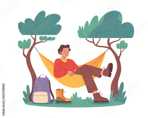 This image depicts a happy man enjoying relaxation in a hammock, surrounded by lush trees, evoking feelings of peace, tranquility, and a love for nature.