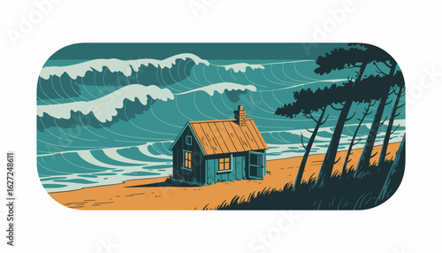 A solitary cottage stands resiliently by the stormy sea, depicted in an artistic style, emphasizing the contrast between nature's fury and human resilience in serene beauty.