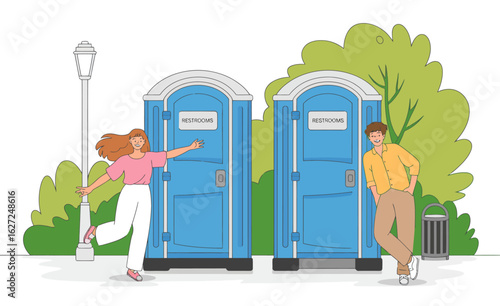 A cheerful scene depicting two friends playfully interacting beside portable restrooms, surrounded by greenery, capturing a light-hearted, fun day out in a public park setting.