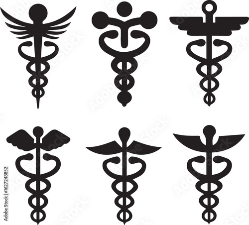 caduceus symbol set, caduceus medical silhouette vector set black and white