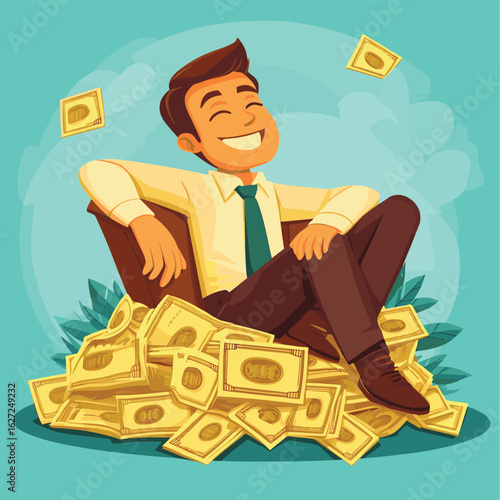 Successful Businessman Relaxing on Pile of Money Vector Illustration