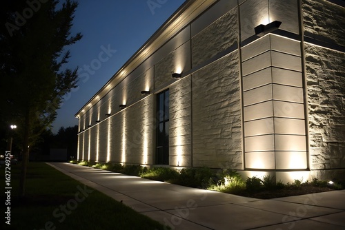 Modern Building Facade at Night with Elegant Exterior Lighting and Landscaping