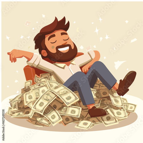 Successful Businessman Relaxing on Pile of Money Vector Illustration