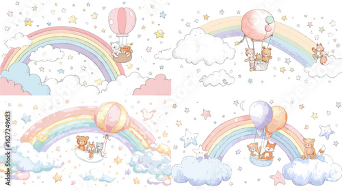 Charming animals ride colorful hot air balloons over pastel rainbows and stars in the sky, creating a joyful and dreamy world of imagination for kids.

