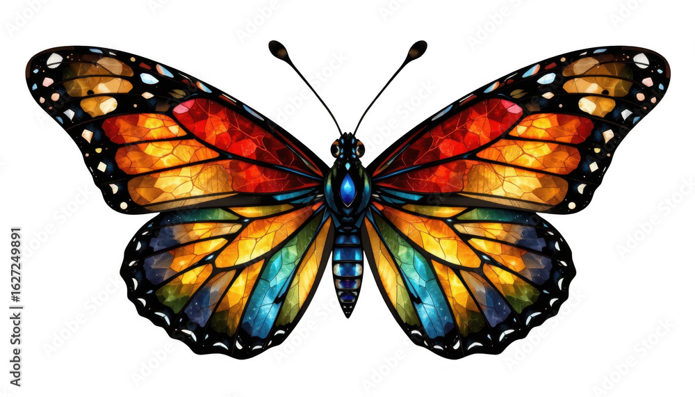 Fototapeta premium A vibrant, colorful butterfly with intricate patterns in shades of orange, blue and yellow, showcasing detailed wing designs.