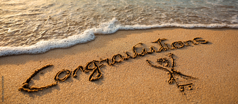 Fototapeta premium Congratulations Handwritten in Wet Beach Sand with Minimalist One-Line Trophy Illustration Beside Gentle Ocean Wave in Wide View