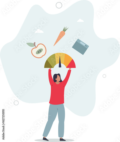 Woman and obese chart scales.Cartoon person on diet trying weight control with BMI.human life.