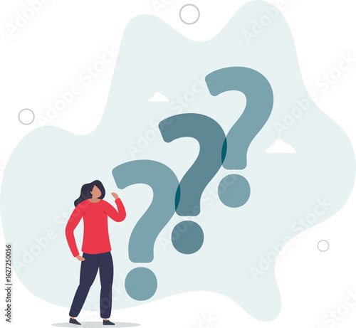 Thinking skeptical woman flat vector illustration.Puzzlement, doubts, uncertainty, difficult choices,human life.