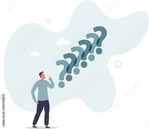 Thinking skeptical man flat vector illustration.Puzzlement, doubts, uncertainty,human life.