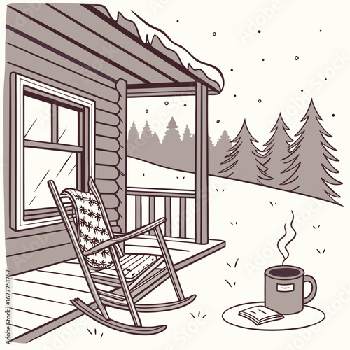 "Hand-drawn vector illustration of a rustic cabin porch with rocking chair, blankets, and coffee mug, snow all around"
