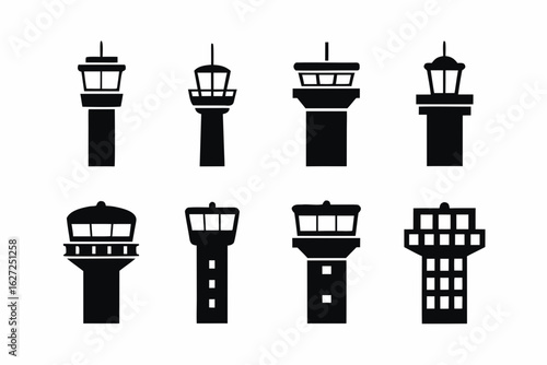 set of Flight Control tower vector silhouette illustration isolated on white background