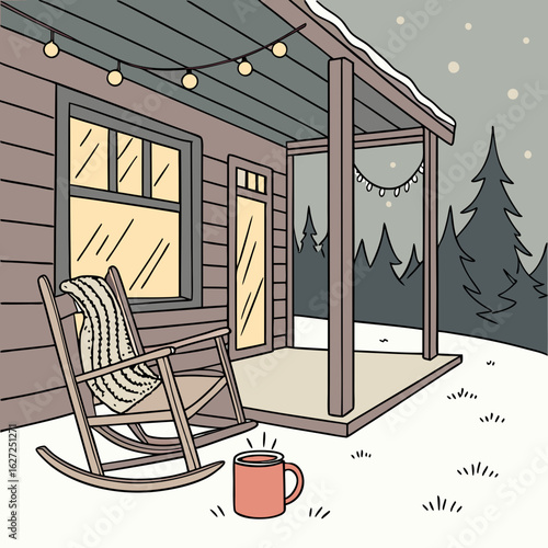 "Hand-drawn vector illustration of a rustic cabin porch with rocking chair, blankets, and coffee mug, snow all around"
