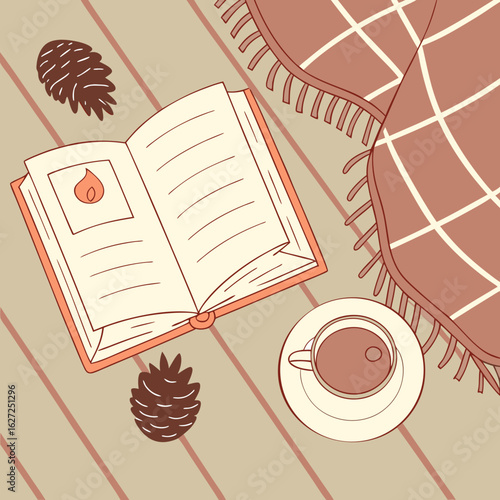 "Top view cozy flat lay: vector scene with a woolen blanket, book, tea, candle, and pinecones, warm color palette"
