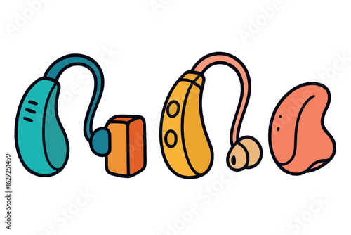 A collection of vibrant hearing aid illustrations in different colors and unique styles, showcasing modern and colorful designs for auditory assistance