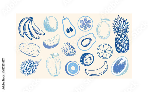 Tropical Orchard Collage of Over Twenty Color-Blocked Fruits in a Playful Abstract Vintage Illustration