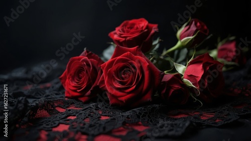 Red Roses on Dark Lace Background