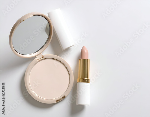 Flat lay of a light beige compact mirror and nude lipstick aligned on a white surface