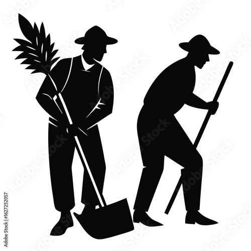 Farmers harvesting wheat with shovel and scythe vector