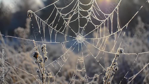 A Glimpse of Winter's Artistry: Delicate Spiderweb Adorned with Frost Crystals, a Nature's Jewel, Showcasing