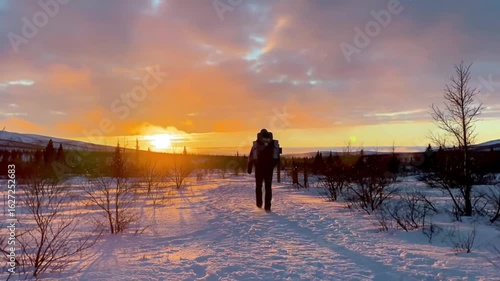 A Stunning Winter Sunset Illuminates a Snow-Covered Landscape in Alaska's Denali National Park, Presenting a
