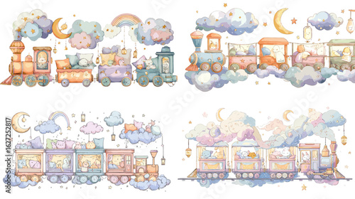 A magical train filled with sleeping animals travels through the clouds under stars and moons in a soft watercolor illustration perfect for nursery and bedtime stories.

